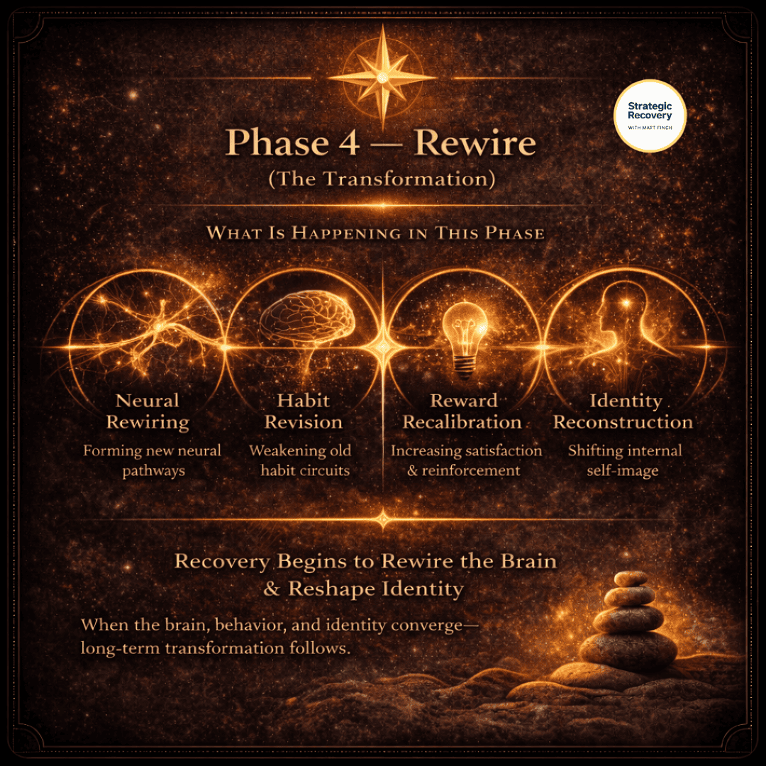 Phase 4 rewire infographic showing neuroplasticity habit change reward recalibration and identity reconstruction in addiction recovery
