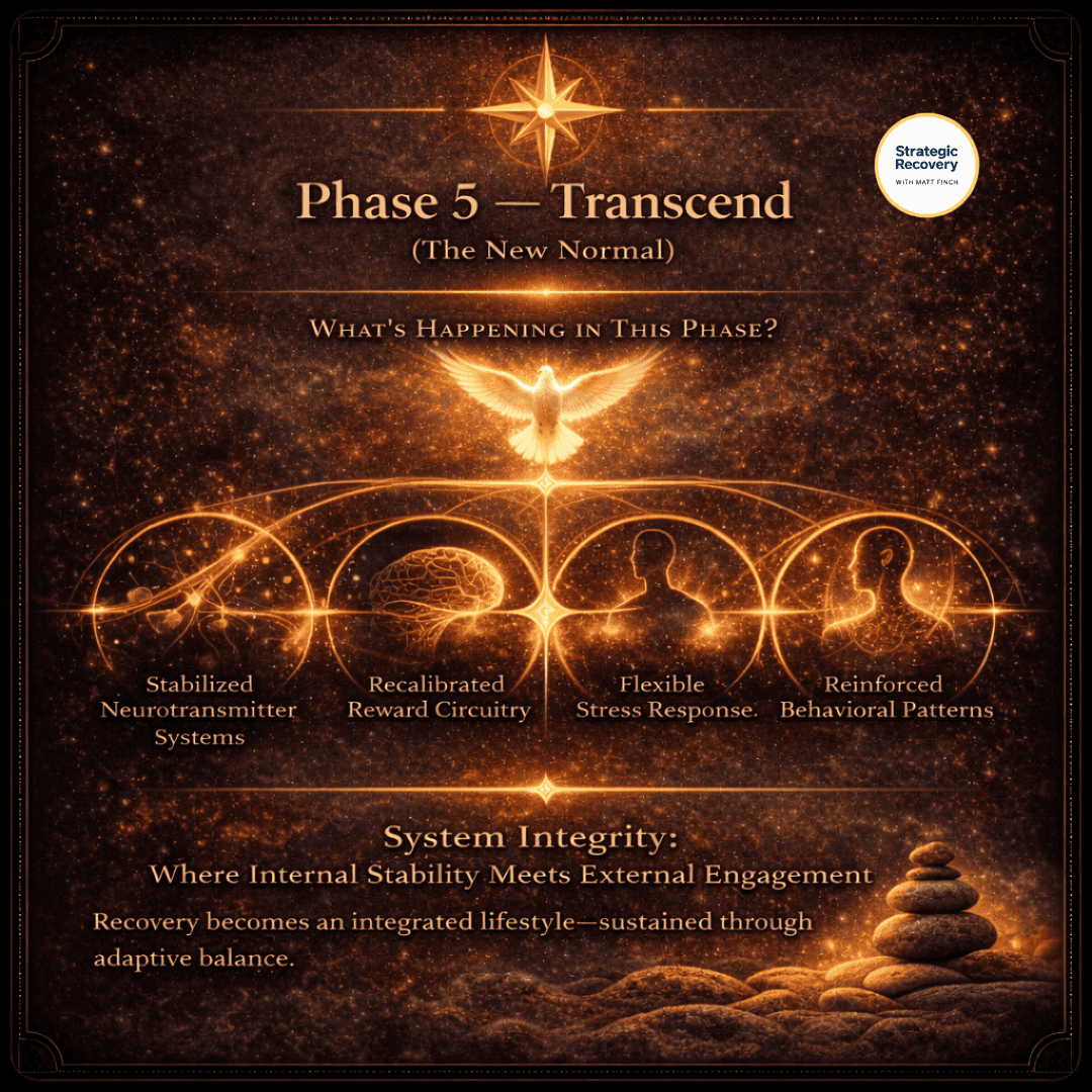 Phase 5 transcend infographic showing integrated recovery, coherence, stable nervous system, and sustained behavior change