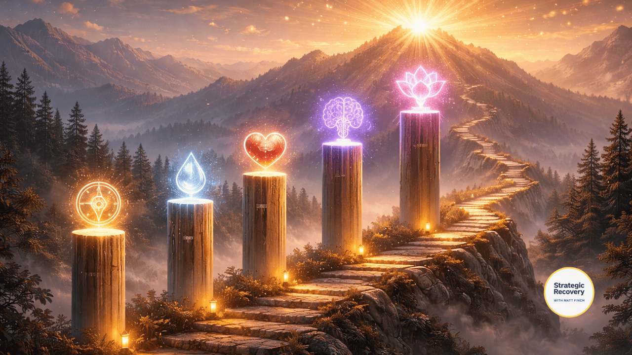 Cinematic mountain pathway at sunrise with five glowing pillars representing the five phases of addiction recovery—preparation, detox, repair, rewire, and transcend—symbolizing a structured journey of healing and transformation