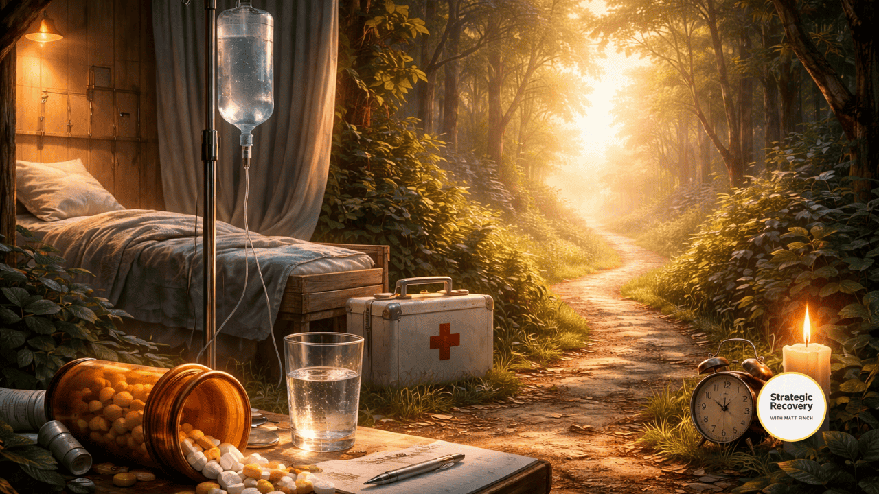 Cinematic scene showing detox and recovery transition with medical elements, spilled pills, IV drip, and a path leading into sunlight symbolizing separation from substance and system recalibration