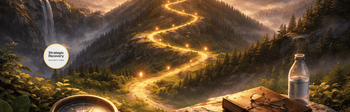 Cinematic mountain landscape with a glowing winding path leading toward sunrise, symbolizing the 5 phases of addiction recovery from preparation to transcendence.