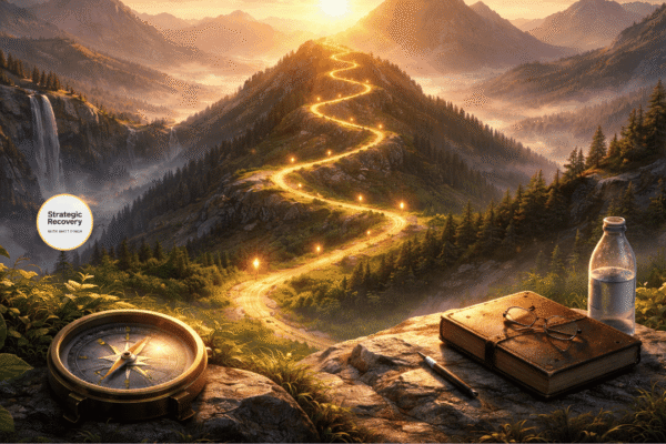 Cinematic mountain landscape with a glowing winding path leading toward sunrise, symbolizing the 5 phases of addiction recovery from preparation to transcendence.