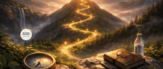 Cinematic mountain landscape with a glowing winding path leading toward sunrise, symbolizing the 5 phases of addiction recovery from preparation to transcendence.