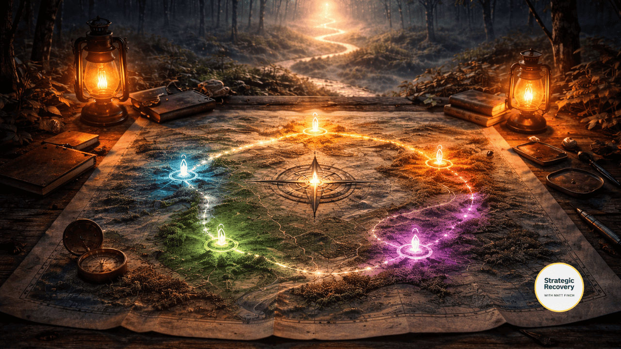 Glowing recovery map with interconnected pathways and illuminated nodes on a table in a forest setting, symbolizing structured phases and timing in addiction recovery