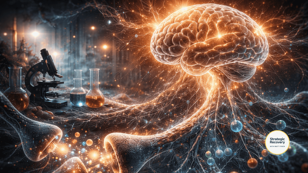 Glowing human brain with neural networks and neurotransmitter activity illustrating neuroadaptation, post-acute withdrawal, and the brain’s repair process after substance removal