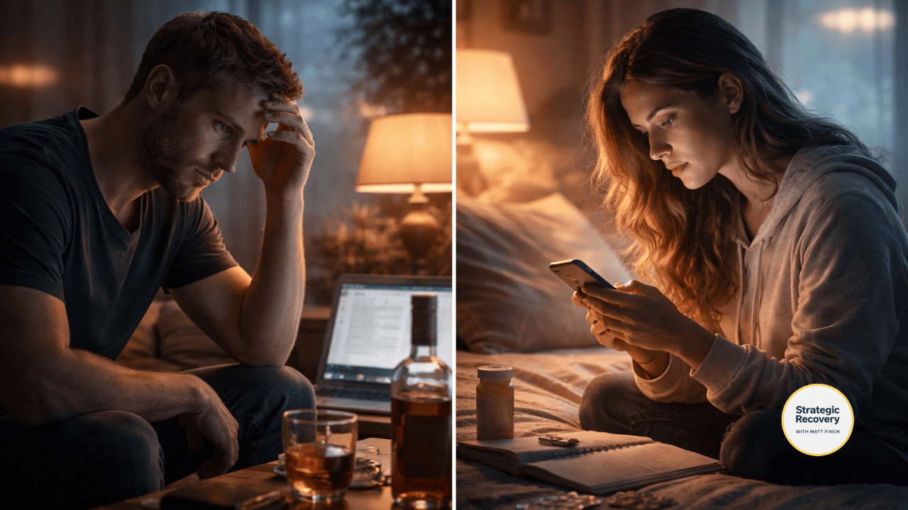 Split-screen cinematic image showing a man reflecting with alcohol at night and a woman researching on her phone with medication nearby, representing internal conflict and awareness in the preparation phase of addiction recovery