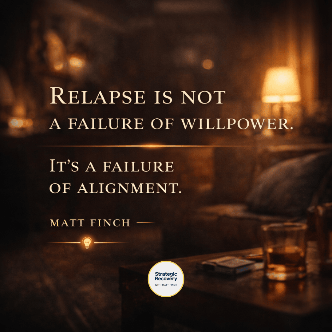 Matt Finch quote about relapse and alignment displayed over a cinematic warm-toned living room scene with soft lighting and reflective mood, symbolizing addiction recovery and nervous system regulation