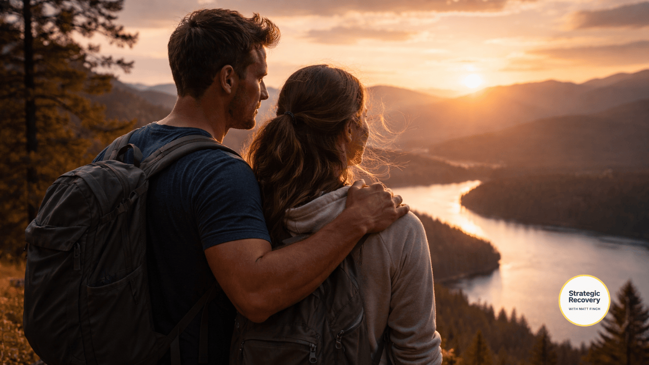 Man and woman standing together on a mountain overlook at sunset, peacefully taking in the view, representing emotional stability, integration, and the new normal in long-term addiction recovery