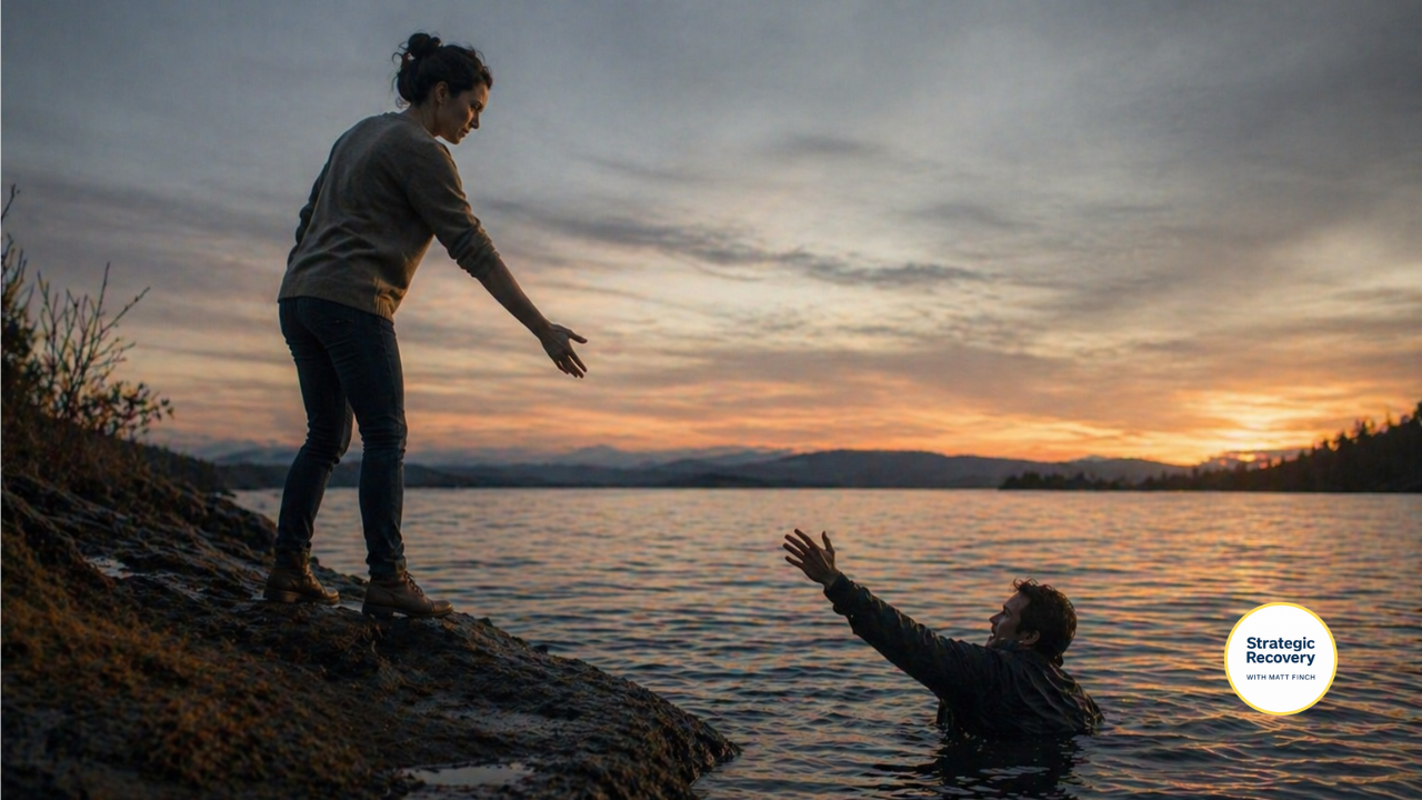 Person standing on solid ground reaching toward someone in water without touching, symbolizing support with boundaries in addiction recovery