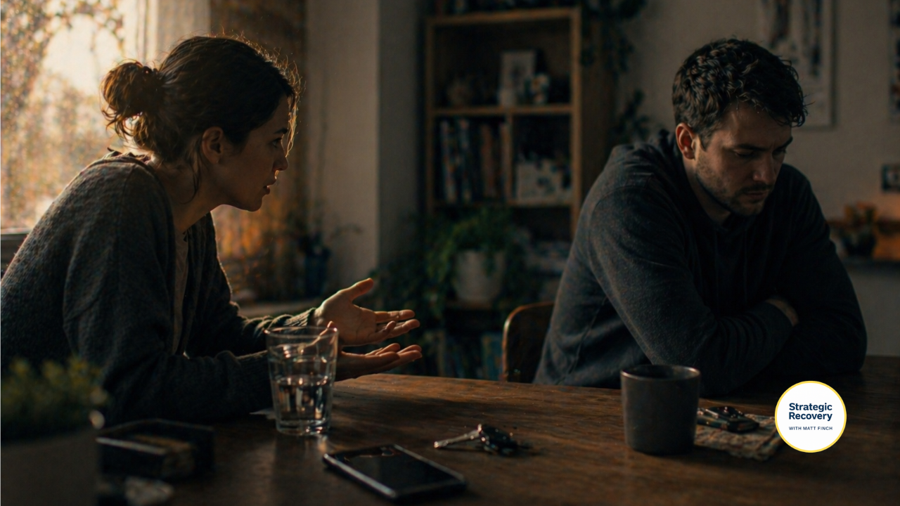 Two people sitting at a table in a tense conversation, one leaning forward trying to communicate while the other looks away withdrawn and disengaged, showing emotional disconnection in addiction recovery context