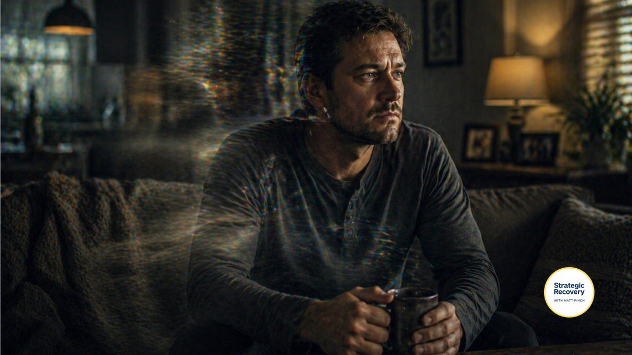 Person sitting calmly in a living room while subtle visual distortion reveals internal emotional chaos and hidden psychological stress