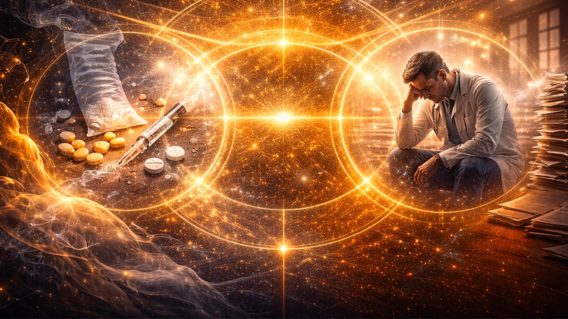 Cinematic split-screen showing rising addiction complexity on one side and physician burden on the other