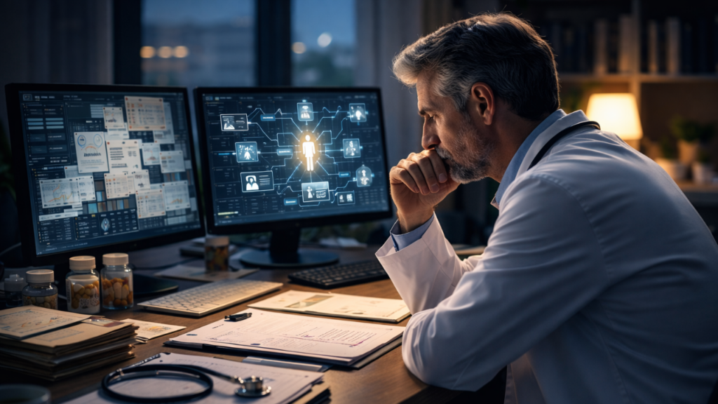 Physician analyzing complex patient data and system-based addiction treatment model in modern clinical setting.