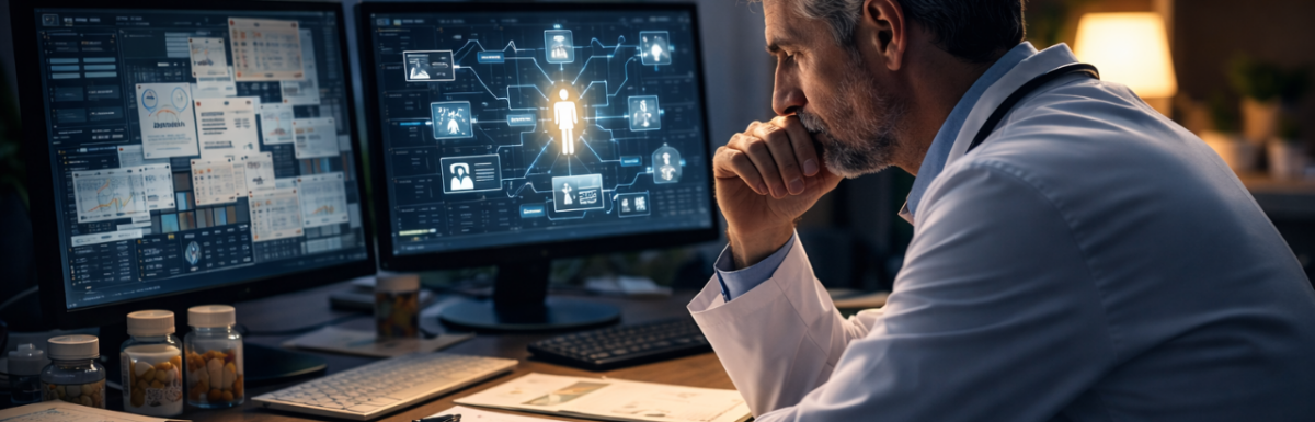 Physician analyzing complex patient data and system-based addiction treatment model in modern clinical setting.