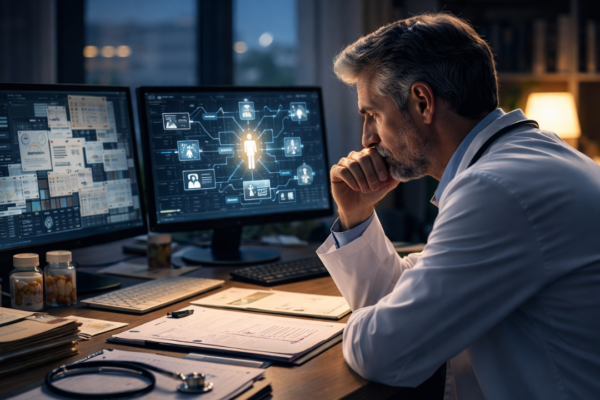 Physician analyzing complex patient data and system-based addiction treatment model in modern clinical setting.