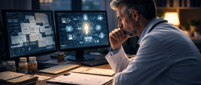 Physician analyzing complex patient data and system-based addiction treatment model in modern clinical setting.