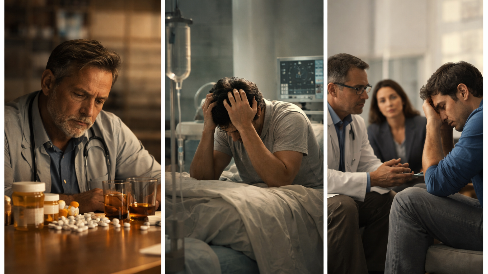 Physician facing addiction cases with medications, patient in withdrawal, and clinical consultation showing complexity of addiction medicine without proper training