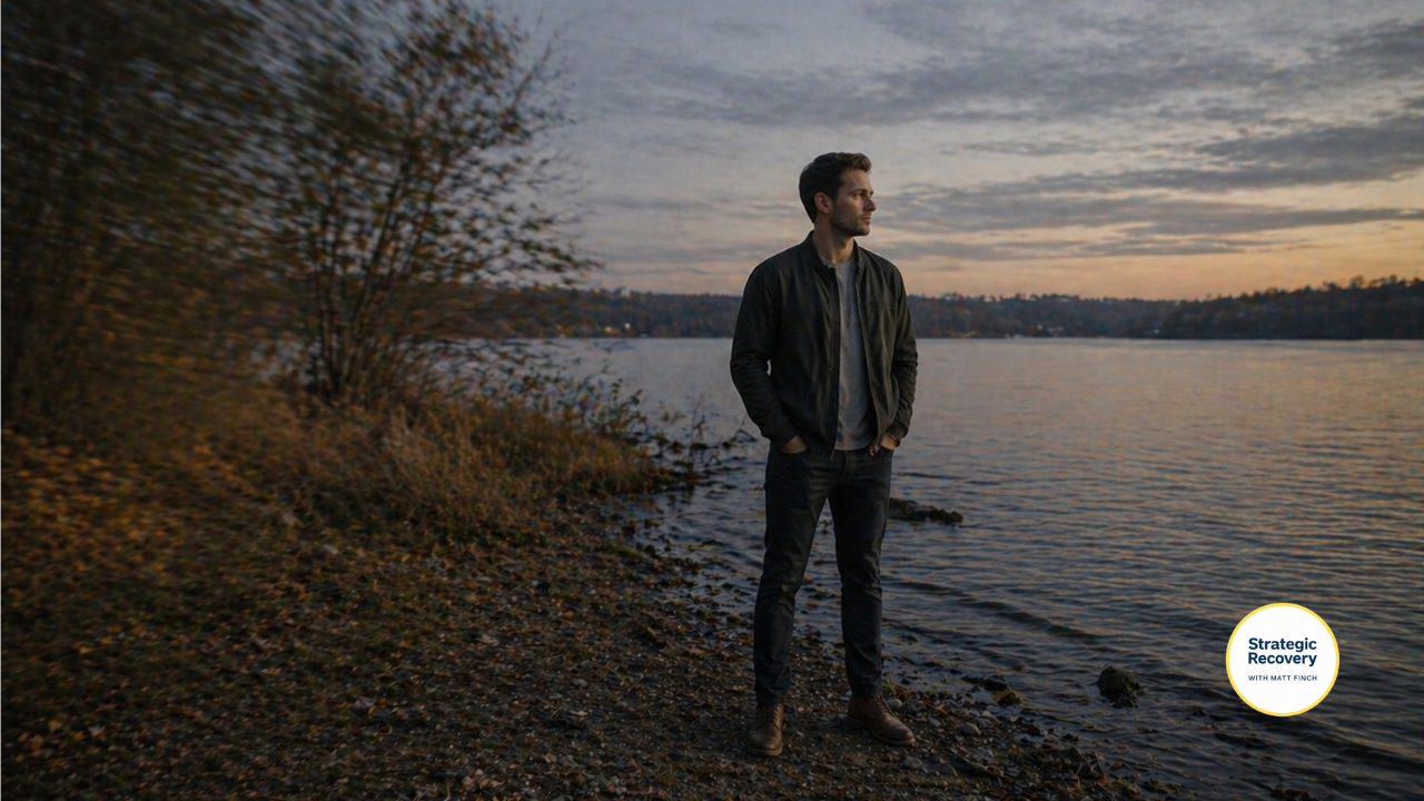 Person standing calmly on a lakeshore at twilight between subtle environmental movement and stillness, representing leverage and emotional regulation in addiction recovery