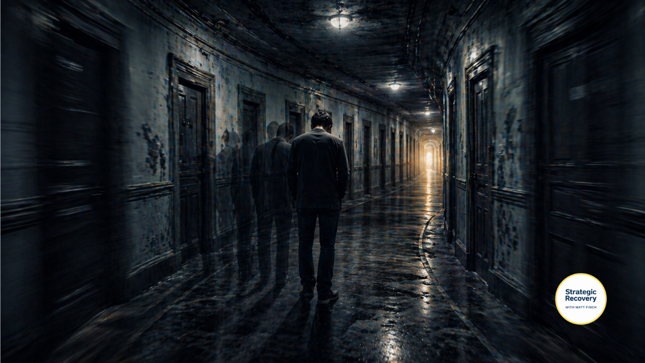 A person walking alone in a dim, looping hallway with repeating doors and ghosted shadows, symbolizing feeling stuck in addiction patterns and cycles