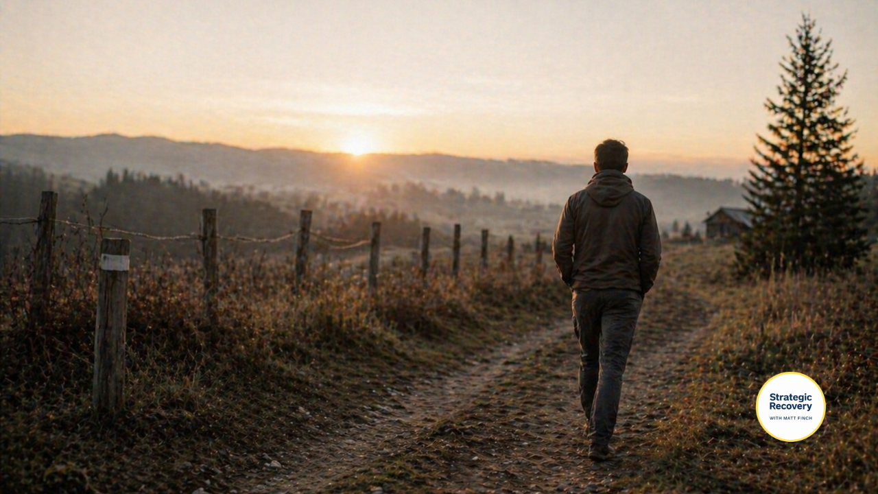 Person walking along an uneven dirt path at sunrise in a natural setting, symbolizing rebuilding life and recovery capital in addiction recovery