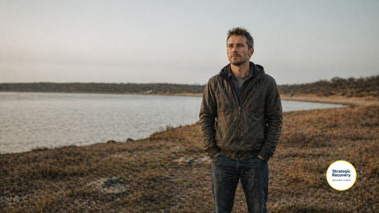 Person standing calmly alone in a natural setting with a grounded posture, representing self-agency and emotional stability in addiction recovery