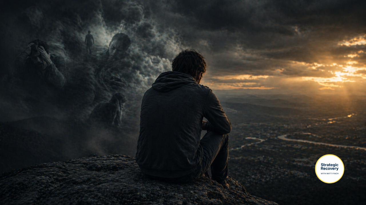 Person sitting on cliff overlooking landscape while dark storm clouds form around symbolic figures of anxiety and emotional distress, representing the feelings that emerge when addiction is removed without replacement coping strategies