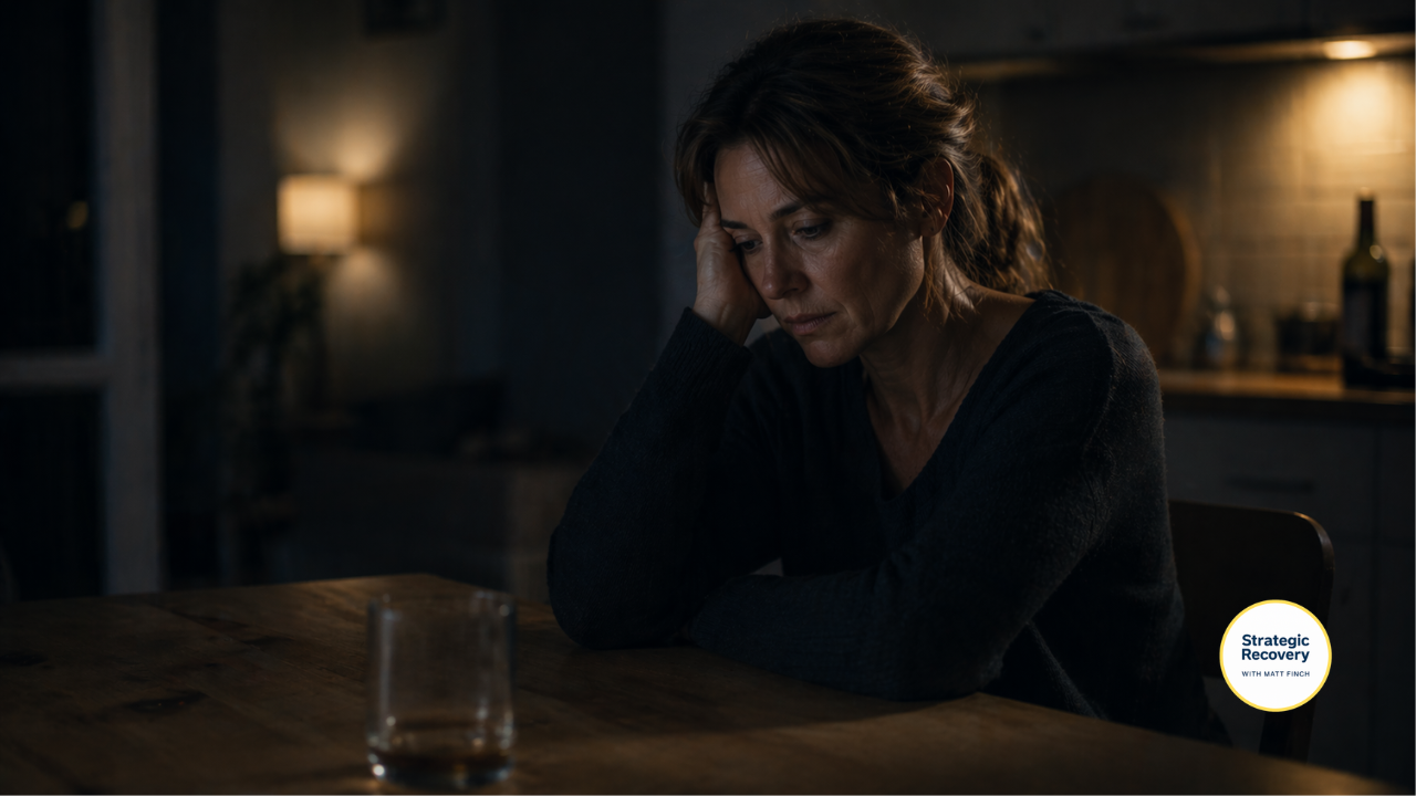 Woman sitting alone at a kitchen table at night with a drink in the foreground, showing quiet emotional exhaustion and alcohol fatigue during recovery