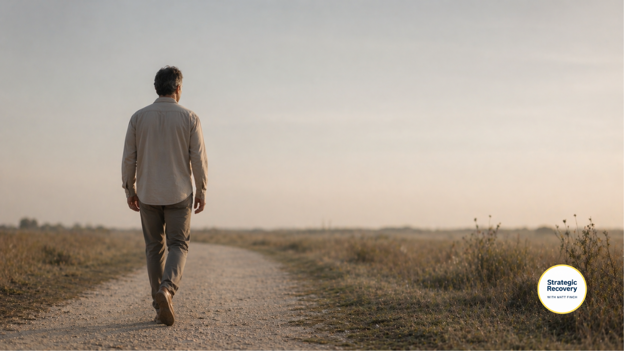 Man walking calmly on a simple path in soft morning light representing steady progress in alcohol recovery and tapering