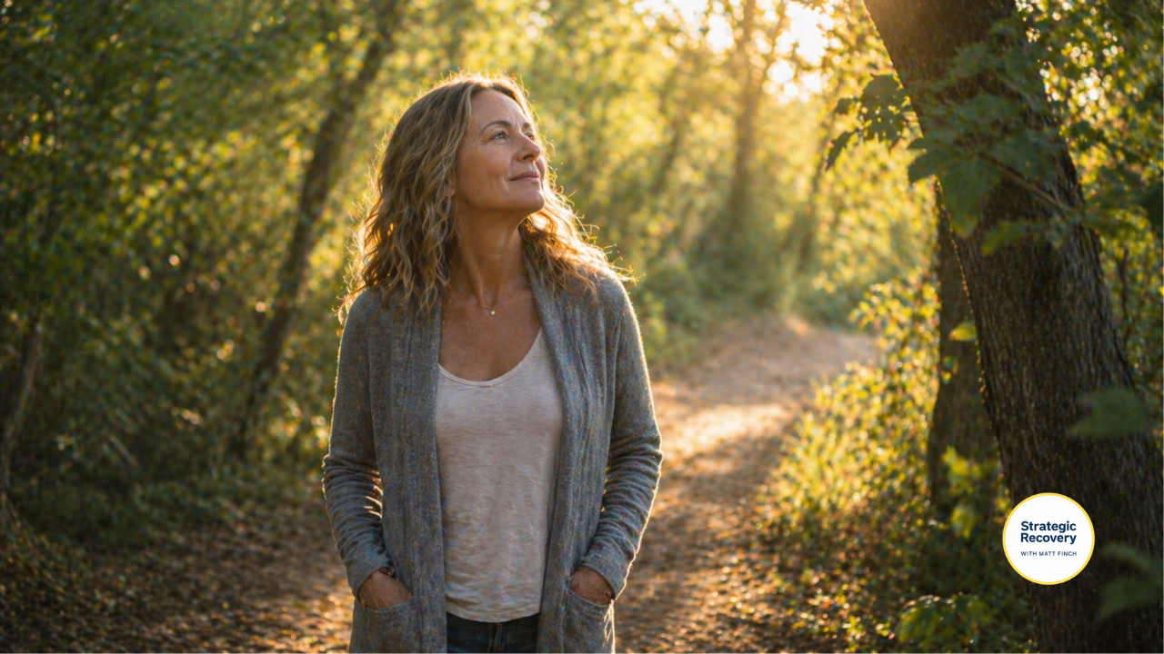 Woman walking peacefully through a sunlit natural setting, representing nervous system regulation and stability during alcohol recovery