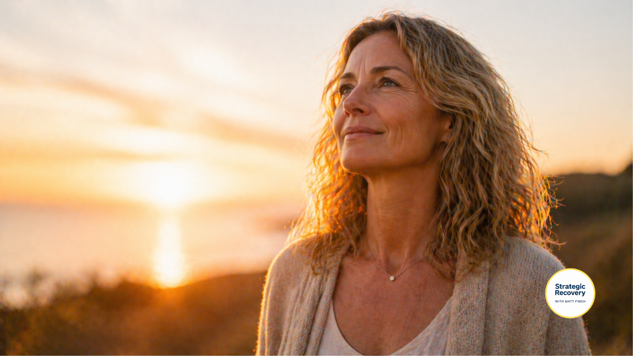 Woman standing in warm sunrise light with a calm expression, representing peace, clarity, and freedom in alcohol recovery