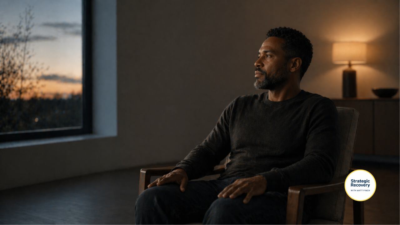 Man in his 40s sitting quietly in a softly lit room at dusk, reflecting during a transition in alcohol recovery.