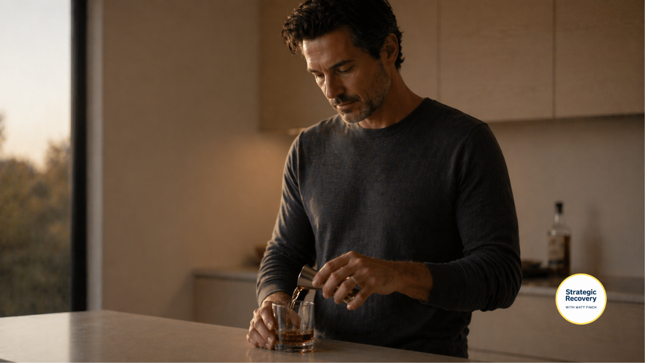 Man in his 40s calmly measuring a drink in a minimalist kitchen, representing controlled alcohol tapering and intentional recovery.