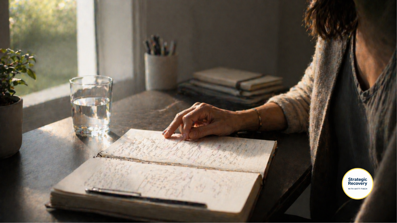 Woman’s hand resting on a notebook with structured notes at a desk, representing an alcohol taper plan and recovery strategy