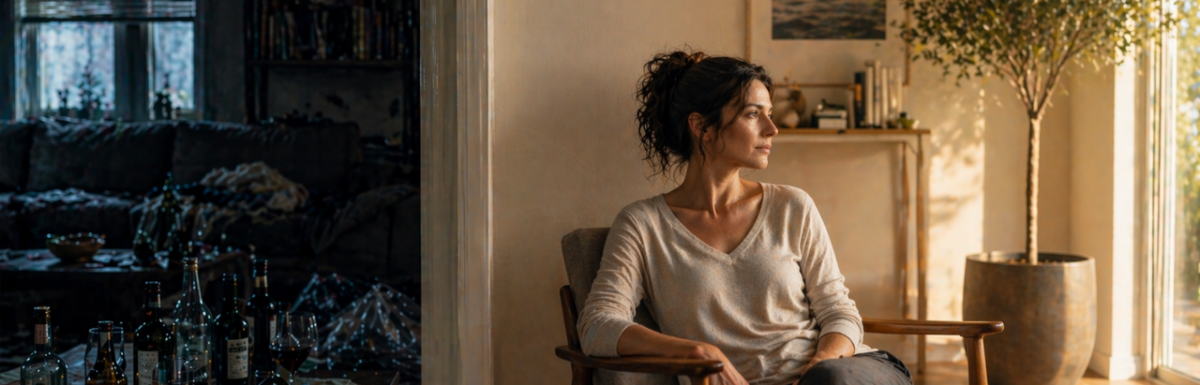 Woman sitting between a dark cluttered room with alcohol bottles and a bright minimalist space, symbolizing alcohol recovery transformation from chaos to stability.