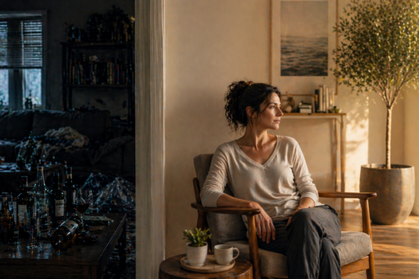 Woman sitting between a dark cluttered room with alcohol bottles and a bright minimalist space, symbolizing alcohol recovery transformation from chaos to stability.