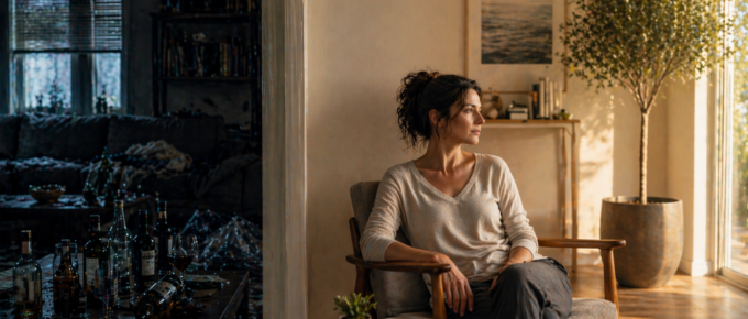 Woman sitting between a dark cluttered room with alcohol bottles and a bright minimalist space, symbolizing alcohol recovery transformation from chaos to stability.