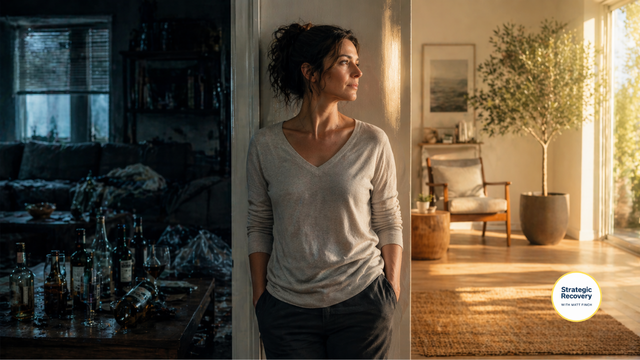 Woman standing between a dark cluttered room with alcohol bottles and a bright minimalist space, symbolizing alcohol recovery transformation from chaos to stability