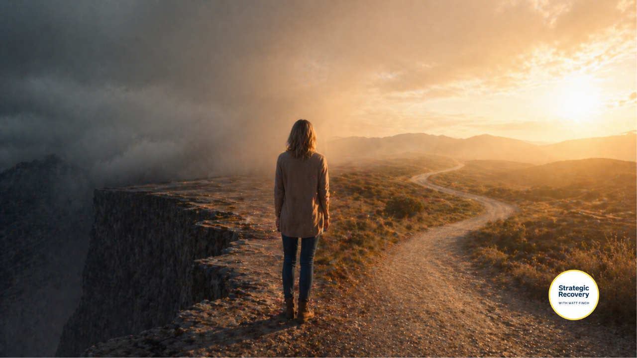 Woman standing at the edge of a cliff next to a gradual path toward light, symbolizing the choice between cold turkey alcohol withdrawal and tapering safely
