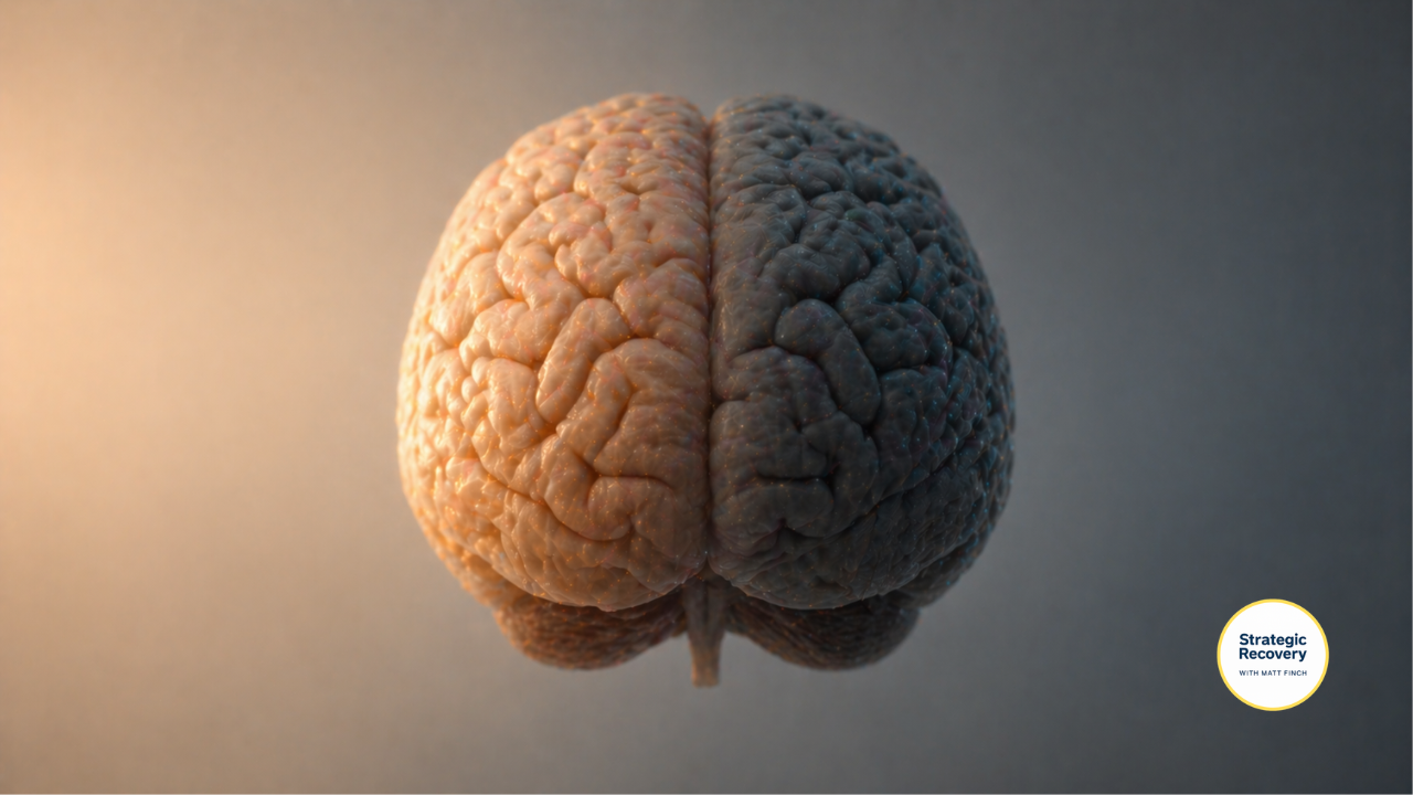 Human brain showing subtle contrast between calm regulation and overactive imbalance, representing GABA and glutamate changes during alcohol withdrawal