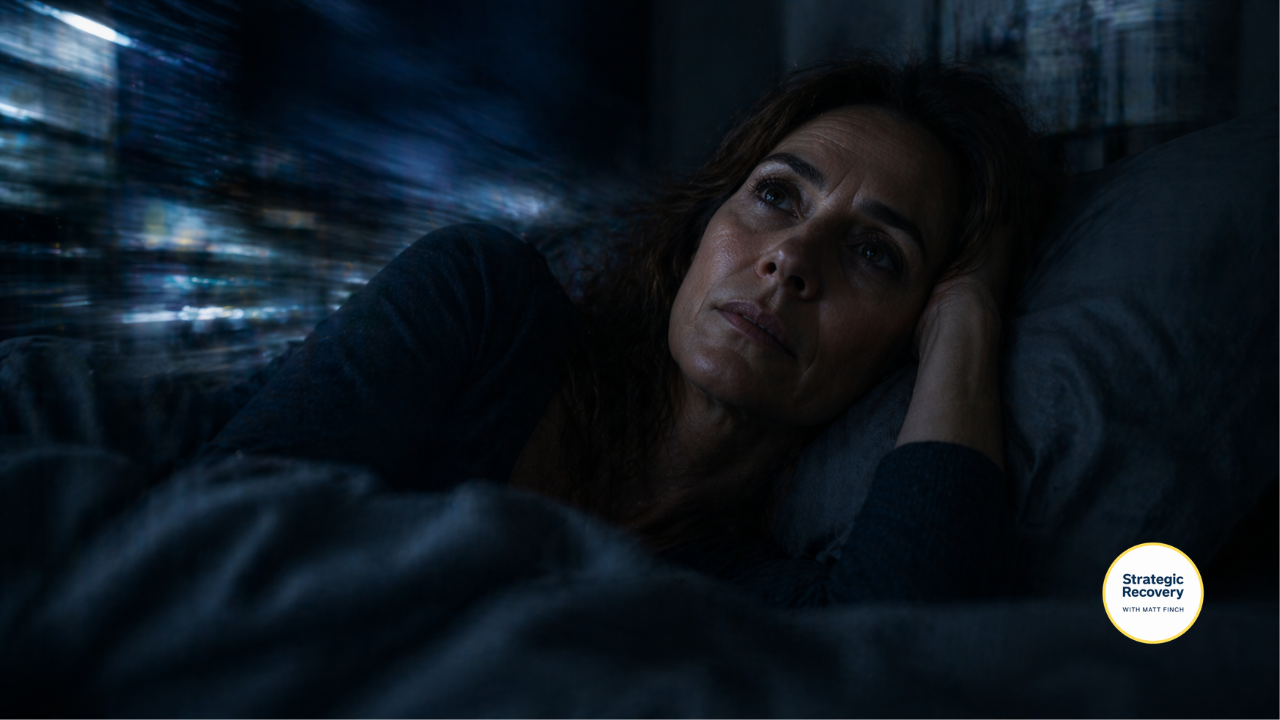Woman lying awake at night in bed with a tense expression, representing alcohol withdrawal insomnia and nervous system overload
