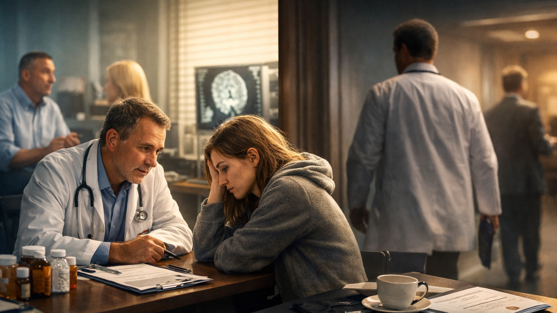 Physician compassionately speaking with a distressed patient in a clinical setting beside a contrasting scene of a doctor leaving a conference room, symbolizing which physicians this addiction medicine program is for and not for