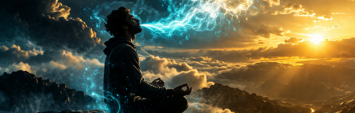 Cinematic image of a man meditating on a mountain cliff with storm clouds on one side and golden sunlight on the other, visualizing breathwork regulating the brain and nervous system for addiction recovery.