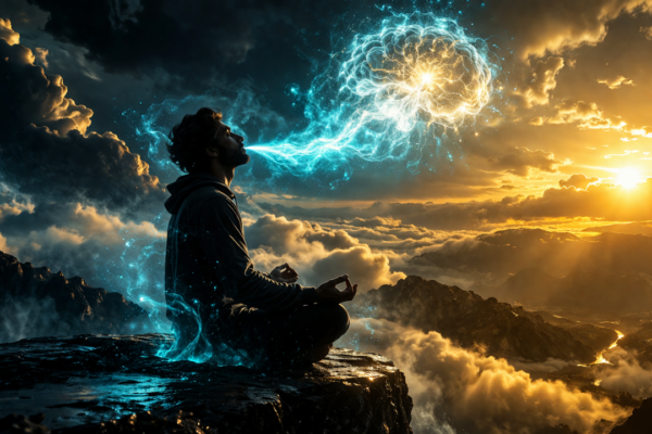 Cinematic image of a man meditating on a mountain cliff with storm clouds on one side and golden sunlight on the other, visualizing breathwork regulating the brain and nervous system for addiction recovery.