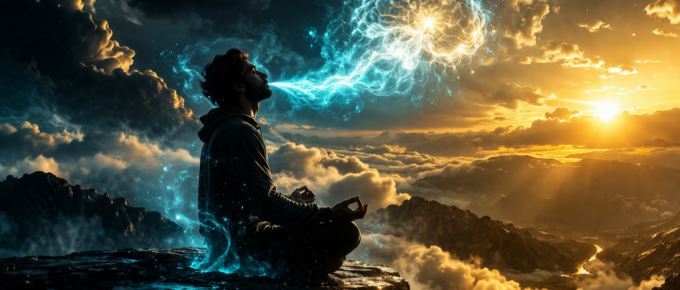 Cinematic image of a man meditating on a mountain cliff with storm clouds on one side and golden sunlight on the other, visualizing breathwork regulating the brain and nervous system for addiction recovery.