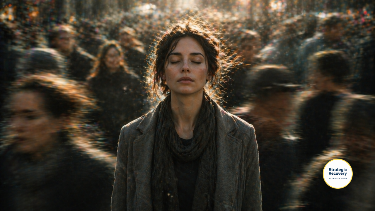 Woman standing calmly with eyes closed in a busy blurred crowd, representing emotional stability, nervous system regulation, and staying grounded within chaos