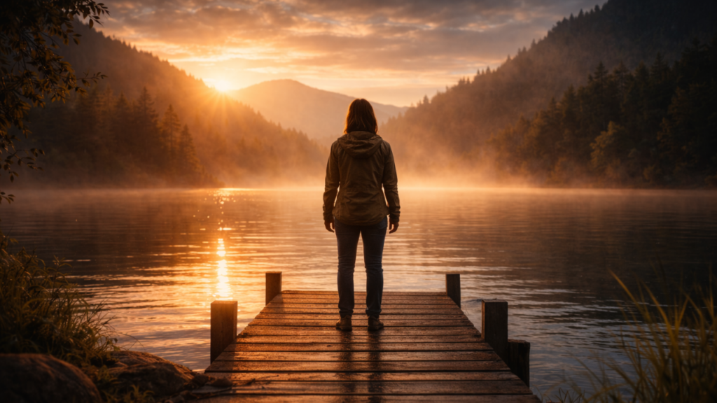 A person standing at the end of a wooden dock facing a calm mountain lake at sunrise, symbolizing clarity, direction, and taking the next step in recovery.