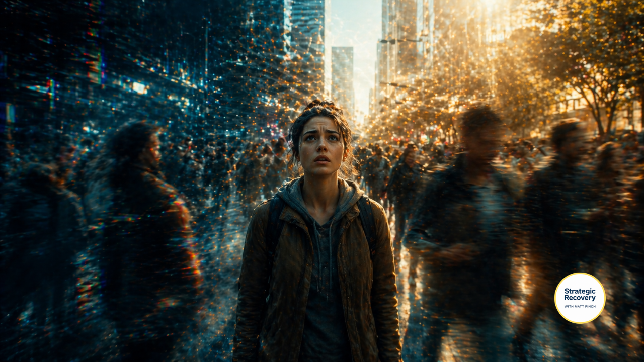 Woman standing still in a fast-moving city with blurred people and subtle visual distortion, representing nervous system overload and the mismatch between modern overstimulation and human capacity
