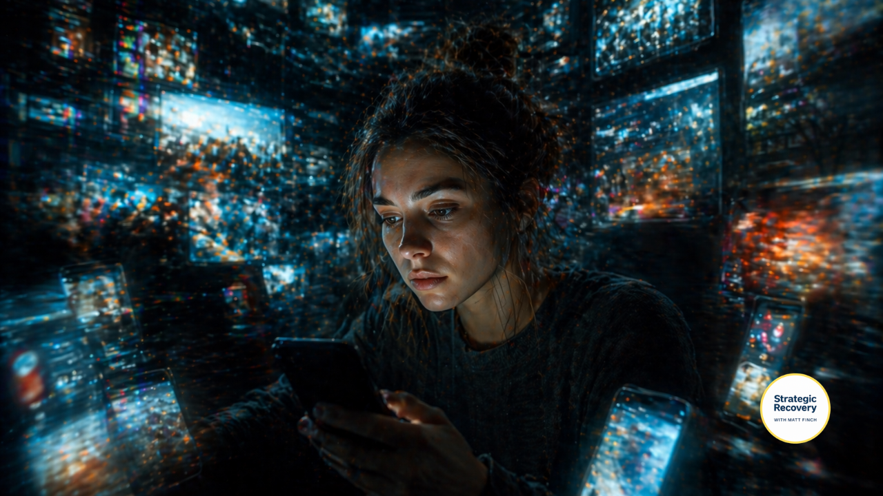 Woman illuminated by multiple screens in a dark room, showing digital overload, screen fatigue, and the effects of modern overstimulation on focus and mental health