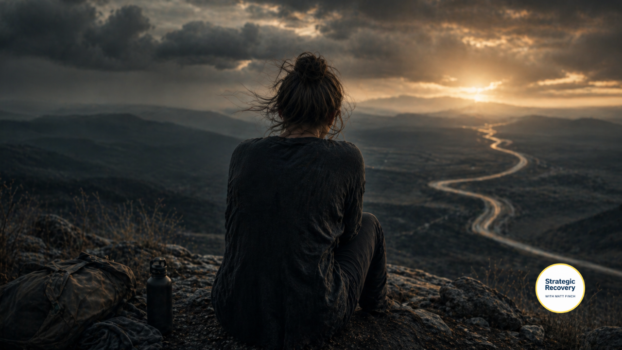 Person sitting on rocky cliff overlooking winding path at sunset, appearing exhausted and reflective, symbolizing addiction as a once-helpful coping mechanism that no longer works
