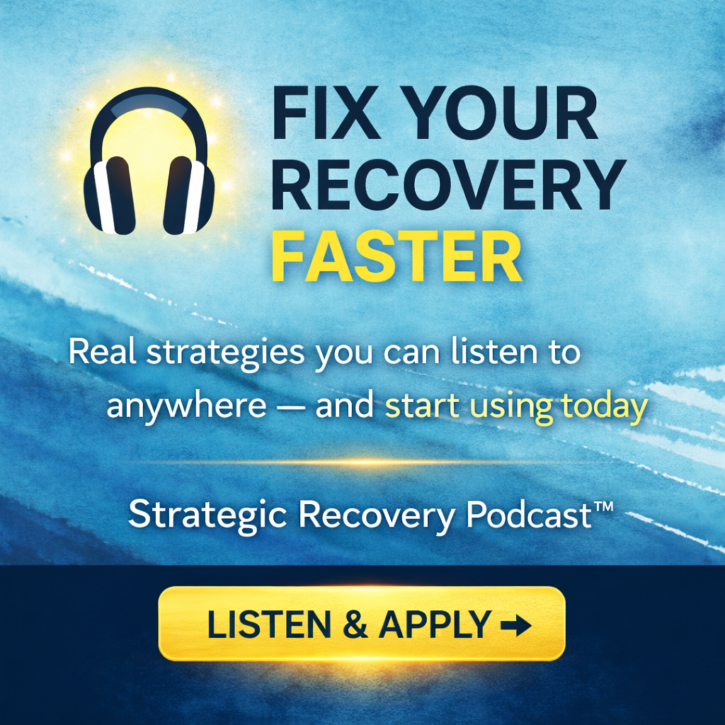 Strategic Recovery Podcast™ banner with headphones icon and the message “Fix your recovery faster,” encouraging users to listen and apply real strategies for addiction recovery.